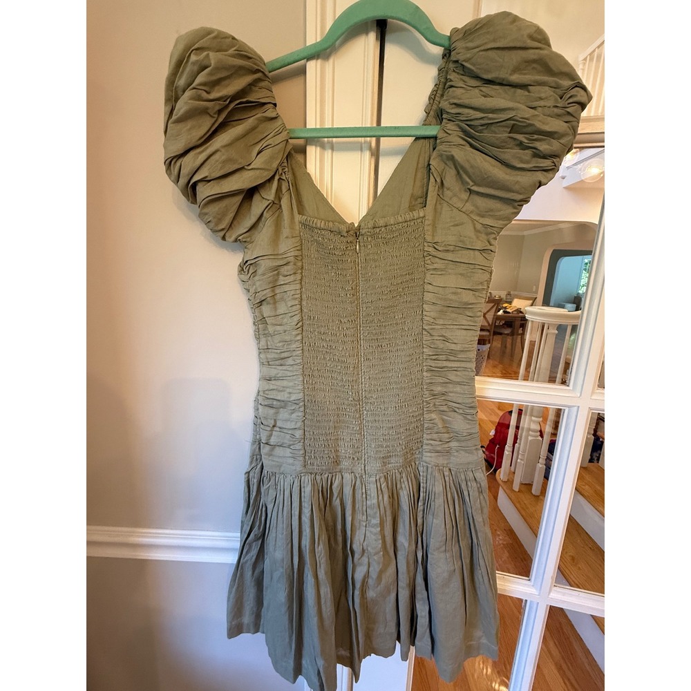Abercrombie & Fitch Ruched Puff Sleeve Mini Dress Olive Green Sage V-Neck Dress - Picture 6 of 6